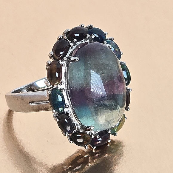 Natural Fluorite & Black Opal 925 Sterling Silver Ring Sz 7.25 - Picture 6 of 14